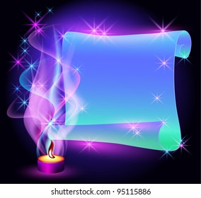 Folded magic parchment, stars and burning candle