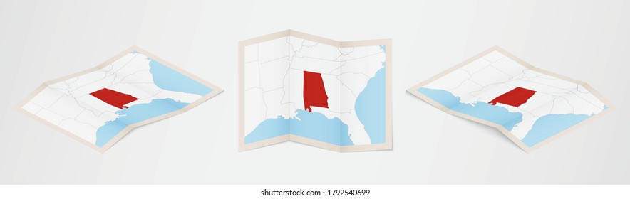 Folded map of Alabama in three different versions. Vector map of Alabama.