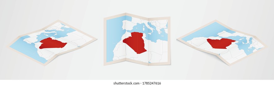 Mapa doblado de Argelia en tres versiones diferentes. Mapa vectorial de Argelia.