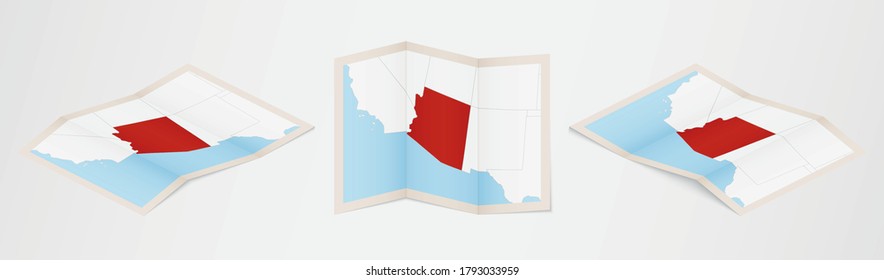 Folded map of Arizona in three different versions. Vector map of Arizona.