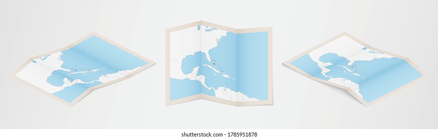 Folded map of The Bahamas in three different versions. Vector map of The Bahamas.