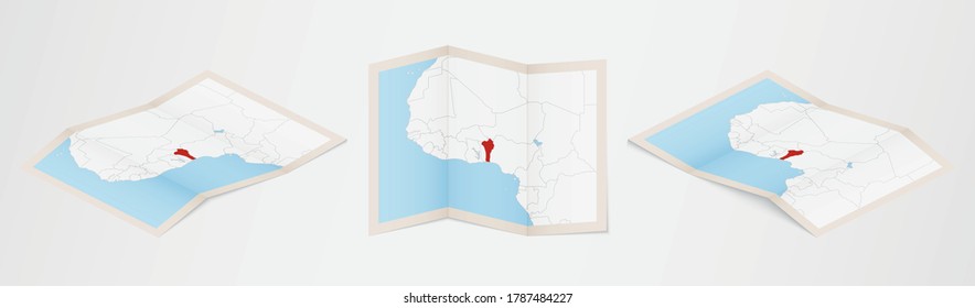 Folded map of Benin in three different versions. Vector map of Benin.