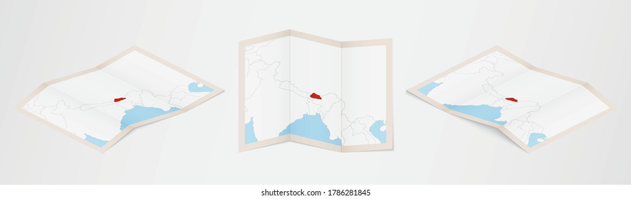 Folded map of Bhutan in three different versions. Vector map of Bhutan.
