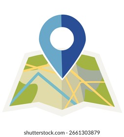 Mapa dobrado com pino de localização azul, GPS ou ícone de viagem.