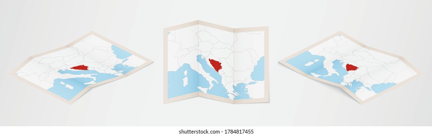 Folded map of Bosnia and Herzegovina in three different versions. Vector map of Bosnia and Herzegovina.