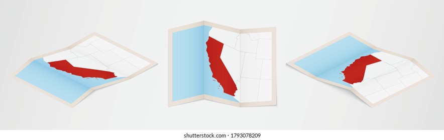 Folded map of California in three different versions. Vector map of California.