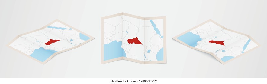 Mapa doblado de la República Centroafricana en tres versiones diferentes. Mapa vectorial de la República Centroafricana.