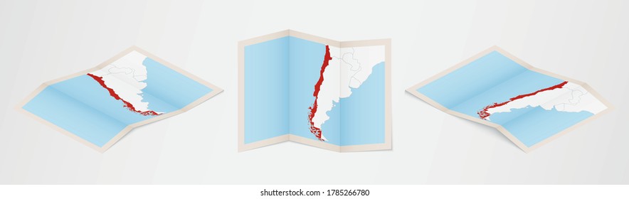Mapa doblado de Chile en tres versiones diferentes. Mapa vectorial de Chile.