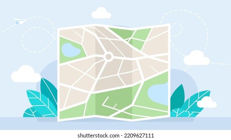 Folded map. City map navigation. GPS navigator. Top view, view from above. Abstract background. Banner for website, web page, flyers. Navigation. Cute simple design. Flat style. Vector illustration