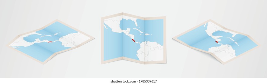 Folded map of Costa Rica in three different versions. Vector map of Costa Rica.