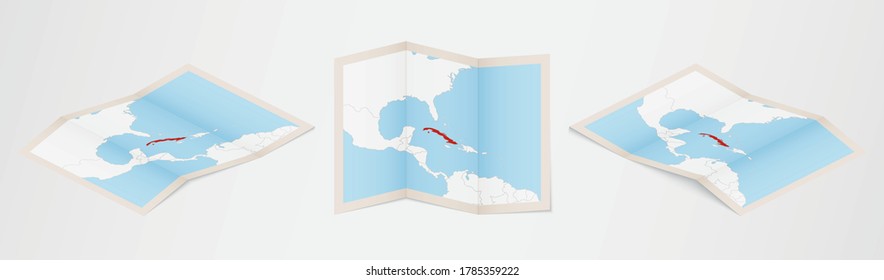 Folded map of Cuba in three different versions. Vector map of Cuba.