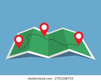 Folded map with destination pin, location, navigation