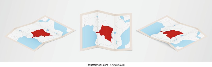 Folded map of DR Congo in three different versions. Vector map of DR Congo.