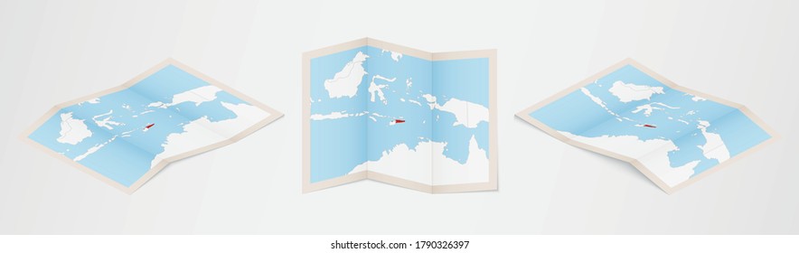 Folded map of East Timor in three different versions. Vector map of East Timor.