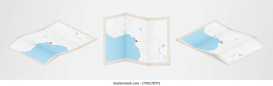 Gefalte Karte von Äquatorialguinea in drei verschiedenen Versionen. Vektorplan von Äquatorialguinea.
