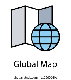 
A folded map with globe grid, global map icon vector 

