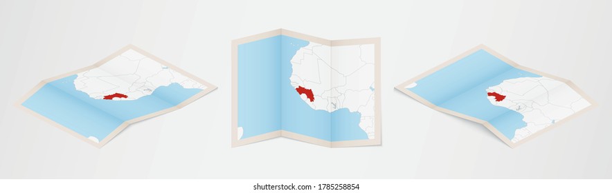 Folded map of Guinea in three different versions. Vector map of Guinea.