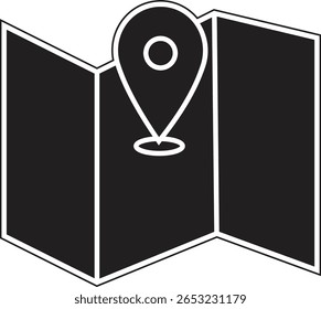 Folded map icon with location pin representing tourist planning and global navigation with transparent background