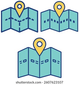 Folded Map Icon Set with Location Pin for Navigation Travel Guide and GPS Interface Design