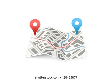 Folded map icon with track between GPS points isolated on white
