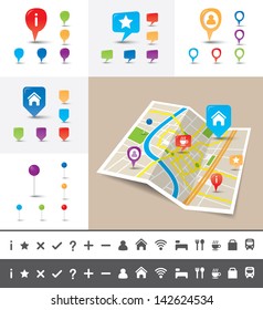 A folded map of an imaginary city with GPS icons and pin template for navigation system