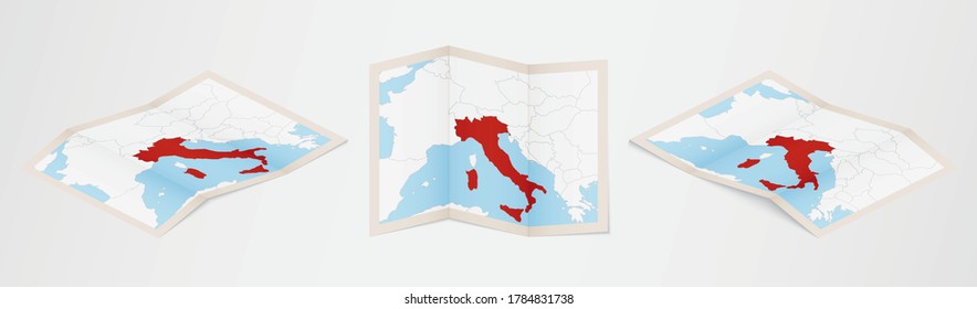 Folded map of Italy in three different versions. Vector map of Italy.
