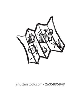 Um mapa dobrado, um item usado para navegação, rotas de planos, identificação de viagens, exploração em textura de traçado de pincel preto isolado em branco. Ilustração de esboço de vetor desenhado à mão em tinta de carvão vegetal