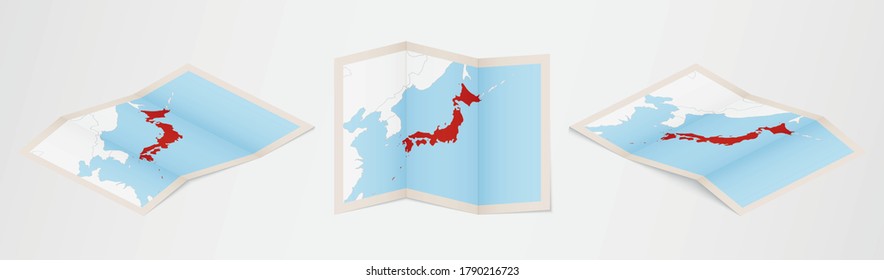 Folded map of Japan in three different versions. Vector map of Japan.