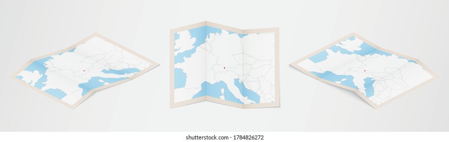 Mapa doblado de Liechtenstein en tres versiones diferentes. Mapa vectorial de Liechtenstein.