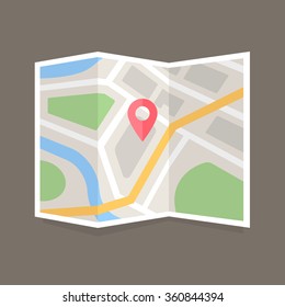 Folded Map With Location Marker. Flat Vector Map Icon