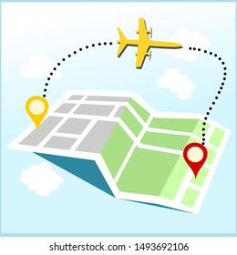 Folded map with location marker, plane and shadow. Flat vector map icon