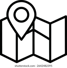 Folded Map with Location Pin Icon Black and White Simple Line Art Graphic Design Element for Navigation Travel Tourism or Map Application Interface