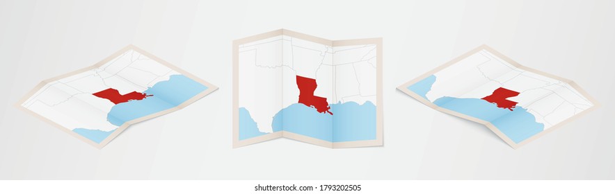 Folded map of Louisiana in three different versions. Vector map of Louisiana.