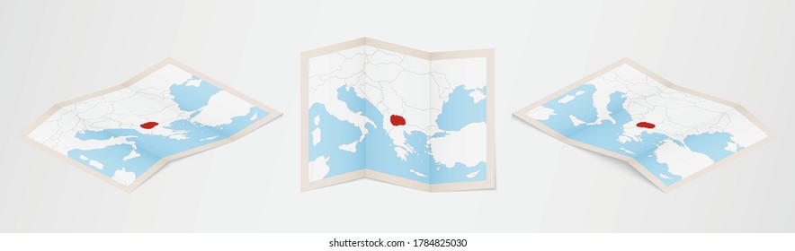 Folded map of Macedonia in three different versions. Vector map of Macedonia.