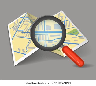 Folded map with magnifying glass