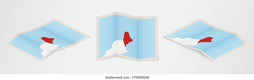 Folded map of Maine in three different versions. Vector map of Maine.