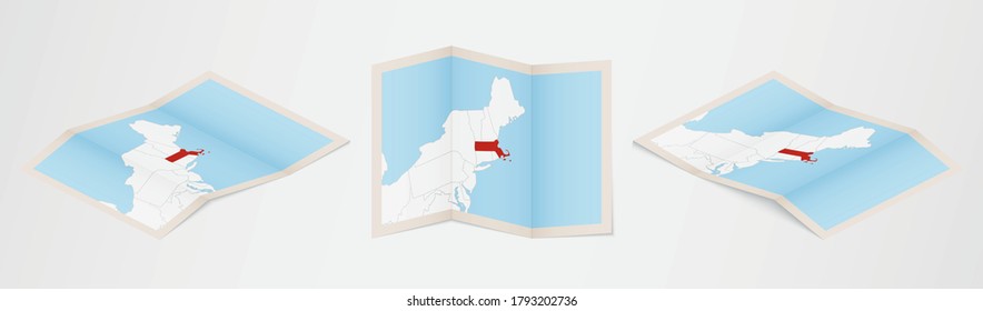 Folded map of Massachusetts in three different versions. Vector map of Massachusetts.