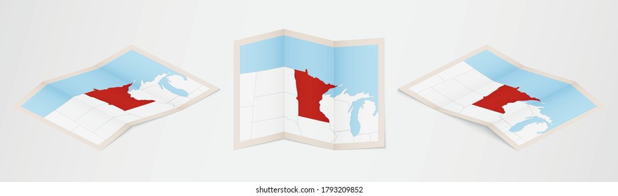 Folded map of Minnesota in three different versions. Vector map of Minnesota.