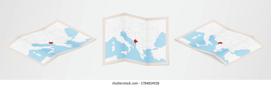 Folded map of Montenegro in three different versions. Vector map of Montenegro.