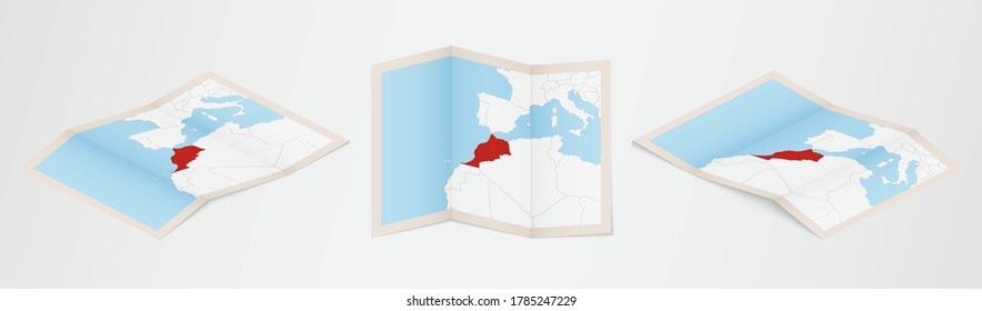 Folded map of Morocco in three different versions. Vector map of Morocco.