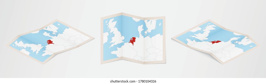 Folded map of Netherlands in three different versions. Vector map of Netherlands.