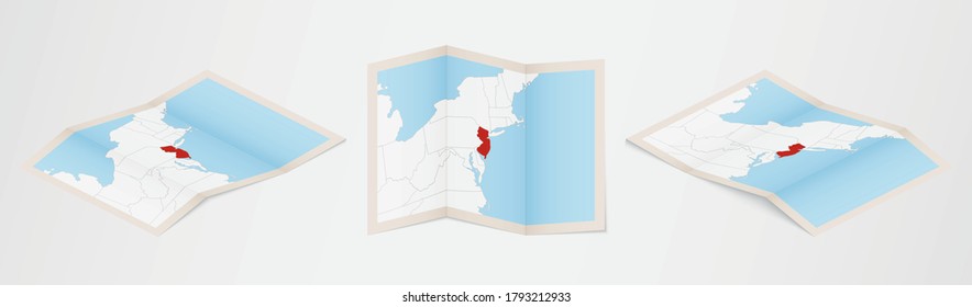 Mapa doblado de Nueva Jersey en tres versiones diferentes. Mapa vectorial de Nueva Jersey.