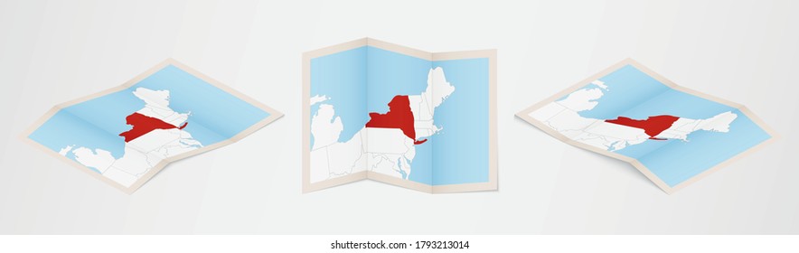 Folded map of New York in three different versions. Vector map of New York.