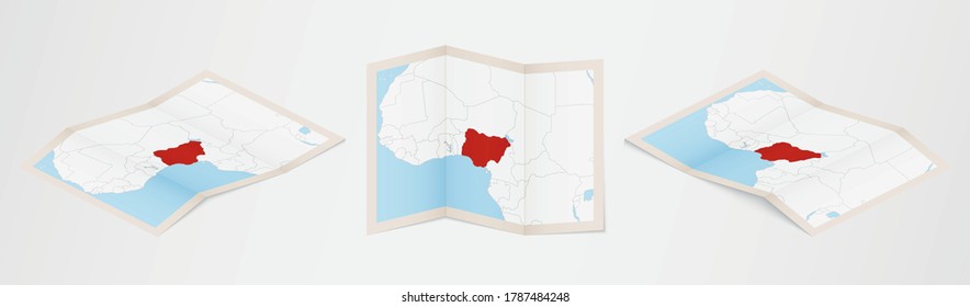 Mapa doblado de Nigeria en tres versiones diferentes. Mapa vectorial de Nigeria.