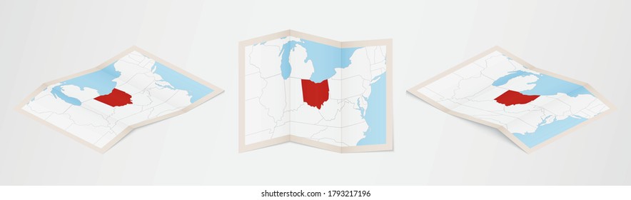 Folded map of Ohio in three different versions. Vector map of Ohio.