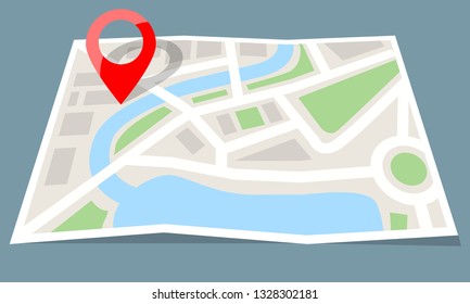 Folded Map Paper With Red Pin Icon. Flat Color Style Vector Illustration.