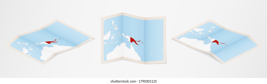 Folded map of Papua New Guinea in three different versions. Vector map of Papua New Guinea.