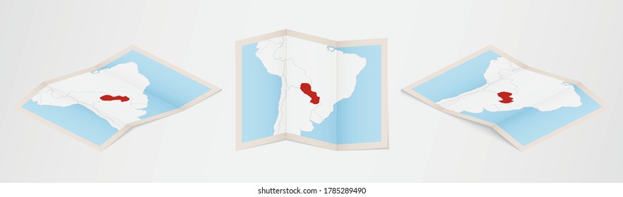 Mapa doblado de Paraguay en tres versiones diferentes. Mapa vectorial de Paraguay.