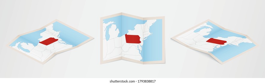 Folded map of Pennsylvania in three different versions. Vector map of Pennsylvania.