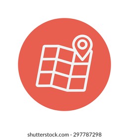 Folded map with pin thin line icon for web and mobile minimalistic flat design. Vector white icon inside the red circle